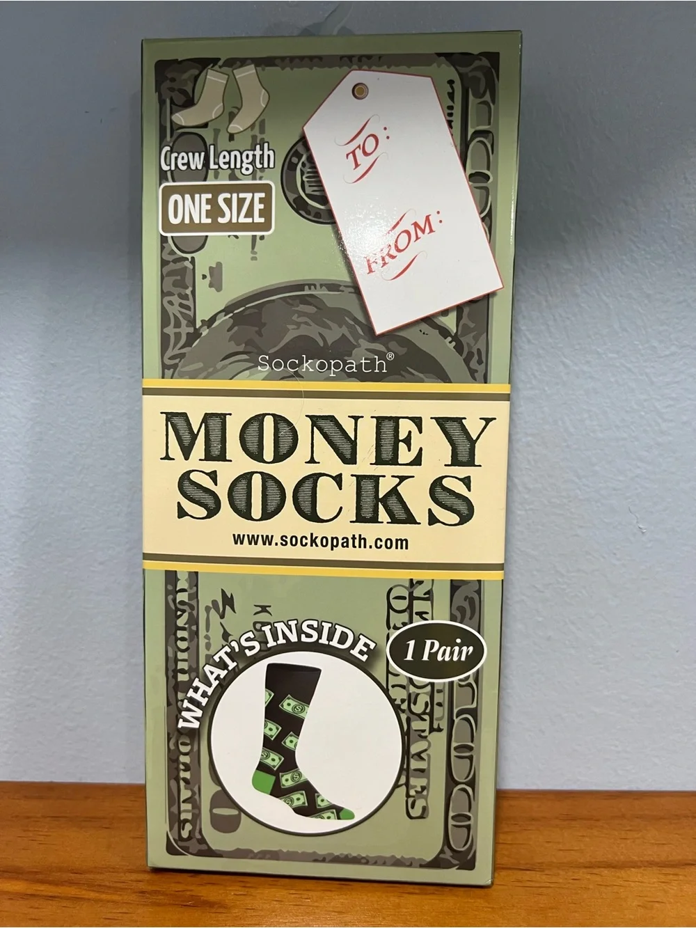 SOCKOPATH Money Socks NIB 1 Crew Pair In Gift Box One Size Men 8-12 Women's 9-14